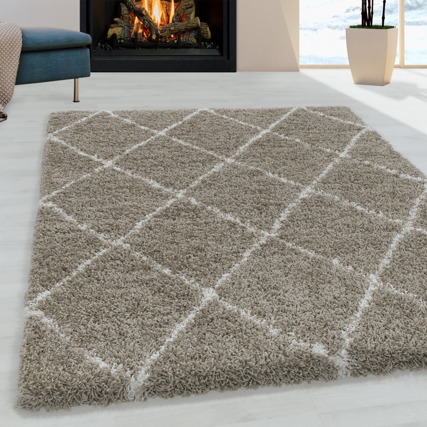 Shaggy Beige Area Rug Geometric Design for Livingroom, Bedroom, Dining Room